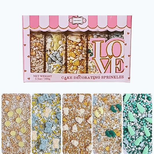Confect Neutral Baby Shower Sprinkles | Gender Reveal Sprinkles | Pack of 5 Mix Teddy Bears, Baby Feed Bottles & Baby Feet Sprinkle | Vegan, Gluten-Free, Nut-Free, Soy-Free, Dairy-Free, Palm Oil-Free - 5 Oz