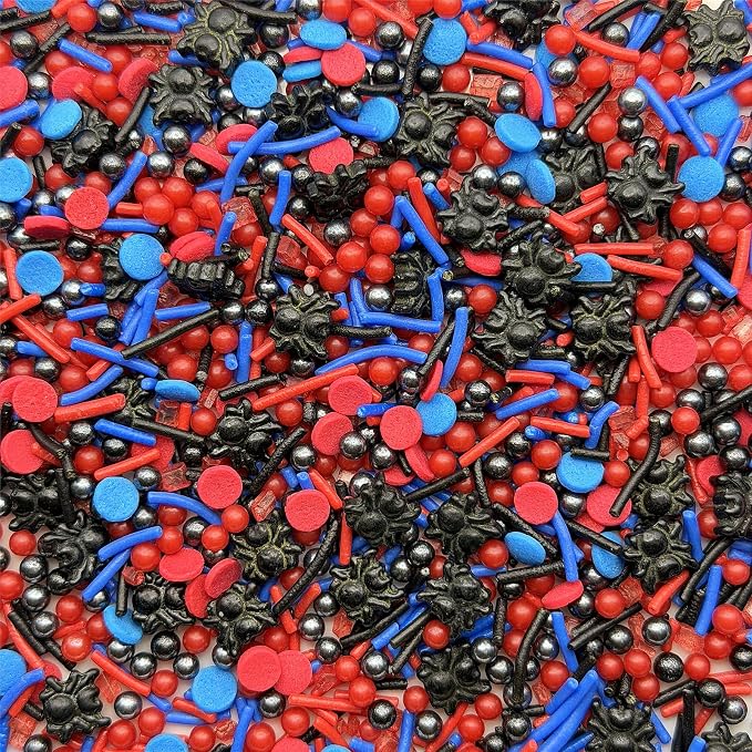 CandiJumpin Edible Spider Sprinkles, Spiderman Sprinkle Edible Pearls and Jimmies Mix Black Blue and Red Sprinkles Crunchy Jimmies Edible Pearls for Cake Decorating Pearl Decoration for Baking Baby Shower Party Birthday Halloween Christmas Supplies 3 OZ