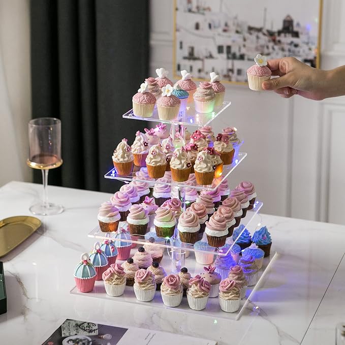 4 Tier Acrylic Cupcake Tower Stand, Clear Square Dessert Treat Display, Cake and Cupcake Stand Set, Candy Bar Party Décor, Bases Para Cupcakes for Birthday Wedding Party…
