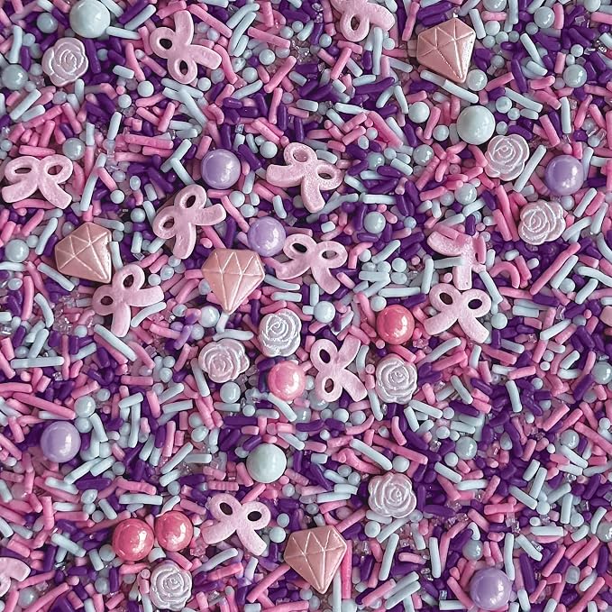 Fancy Sprinkles Diamond Duchess Sprinkles | Bow, Rose, Pearl & Diamond Shaped Candy | Pink, Purple & White | Cake, Cupcake & Cookie Decorating | Bridal & Birthday | 1 Pack (0.5c)