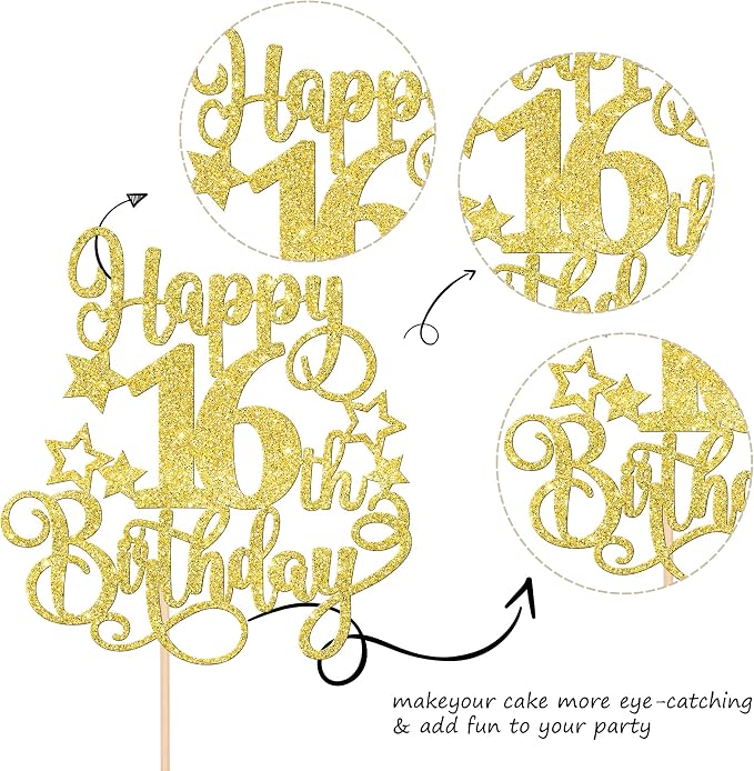 1 PCS Happy 16th Birthday Cake Topper Glitter Cheers to 16 Years Birthday Cake Pick Hello 16 Fabulous Cake Decoration for Happy 16th Birthday Anniversary Party Decorations Supplies Gold