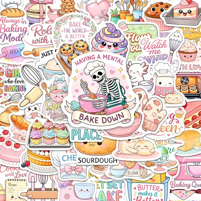 Baking Stickers – Waterproof Vinyl Bakery Decals for Water Bottles, Laptops, Journaling – Non-Repeating Decals, High-Definition Print Gift for Womens (50PCS)