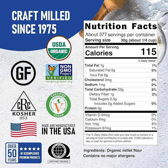 Great River Milling Organic Millet Flour | USDA Organic, Naturally Gluten Free, Non-GMO, Vegan, Kosher | Mild, Nutty Flavor for Baking, Flatbreads, Pancakes & Porridge | 25 Lb