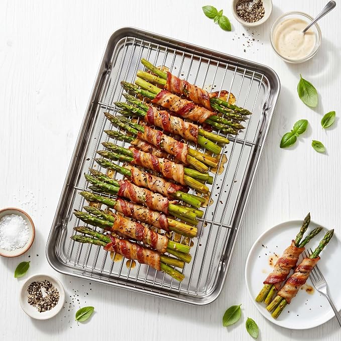 Homikit Baking Sheet with Rack Set (2 Pans+2 Racks), 18x13 Inches Stainless Steel Half Cookie Sheets with Cooling Racks Non Toxic, Large Bacon Crisp Trays for Oven Baking Cooking, Dishwasher Safe