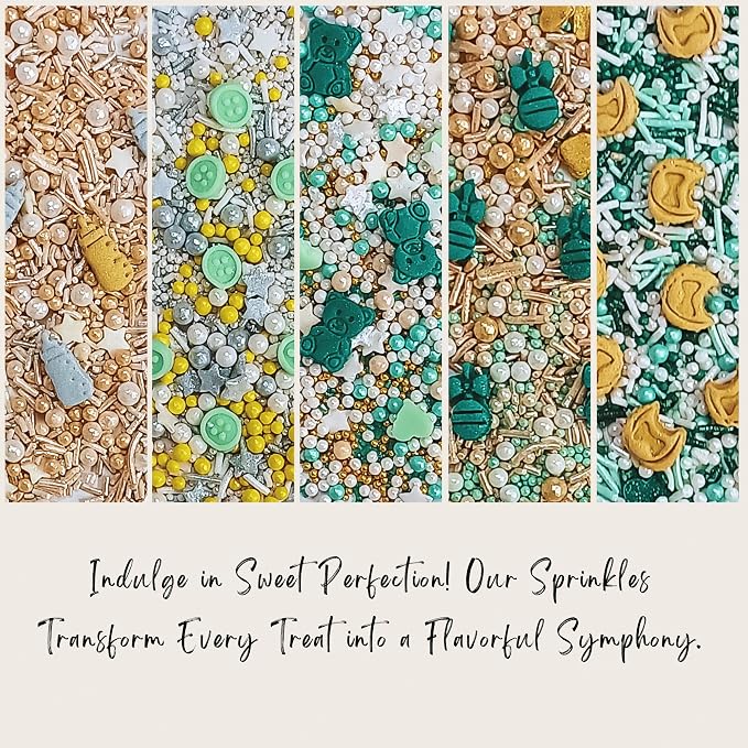 Confect Neutral Baby Shower Sprinkles | Mix Gold, Silver, Pearl & Sage Green Sprinkles | Assorted Pack of 5 Edible Mix Heart, Star, Baby Rattles & Baby Feed Bottle Sprinkles | Vegan, Gluten-Free, Nut-Free, Soy-Free, Dairy-Free, Palm Oil-Free - 5 Oz