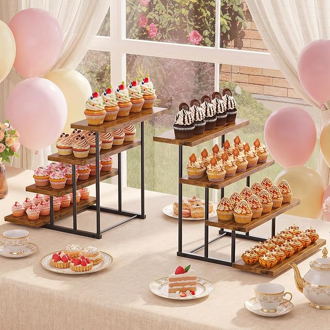 Emfogo Wooden Cupcake Display Stand, 4 Tier Rectangular Tiered Dessert Stands, Dessert Table Display Set for Vendor Booth Party Large Cup Cake Tower for Cup Cake Cookie Food (2 Pack)