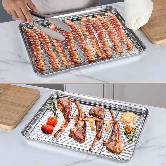 Homikit Baking Sheet with Wire Rack (1 Pan + 1 Rack), 16"x12" Stainless Steel Cookie Sheets for Baking, Metal Baking Tray Jelly Roll Pan with Cooling Rack for Oven Roasting, Nonstick & Dishwasher Safe