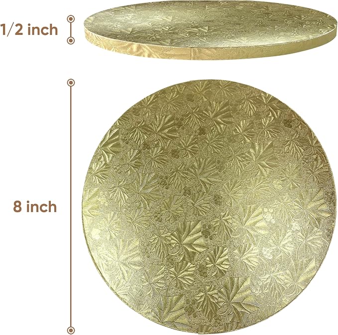 Cakebon Round Cake Boards - Sturdy 1/2 Inch Thick Cake Drums - 8 Inch Professional Base para Pastel Smooth Straight Edges Gold 3-Pack