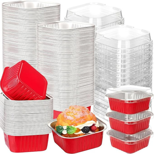 200 Pack 5 oz Mini Cake Pans with Lid, Aluminum Foil Mini Baking Tins, Square Disposable Cupcake Baking Cup Dessert Container for Wedding Birthday Party Picnic(Red,Classic)