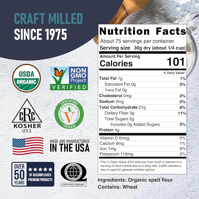 Great River Milling Organic Spelt Flour | Whole Grain Ancient Wheat Flour | USDA Organic, Non-GMO, Kosher | High Fiber, Mild Flavor | Ideal for Baking Breads, Muffins, Cookies & More | 5 Lb