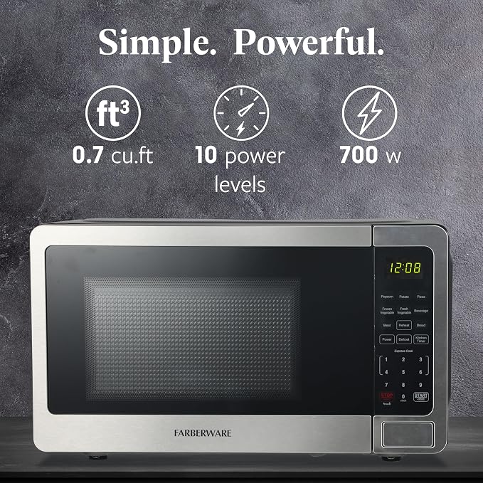 Farberware 0.7 Cu. Ft. Stainless Steel Microwave Oven, 700-Watt with LED Display, 10 Power Levels, 8 Auto-Cook Presets, Express Cooking, Weight & Time Defrost