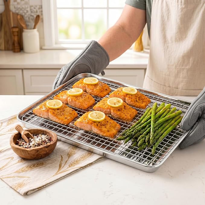Homikit Half Baking Sheet with Wire Rack (1 Pan+1 Rack), 18" x 13" Stainless Steel Cookie Sheet Pan with Grid Cooling Rack Set for Baking, Large Bacon Tray for Oven Cooking Roasting, Dishwasher Safe