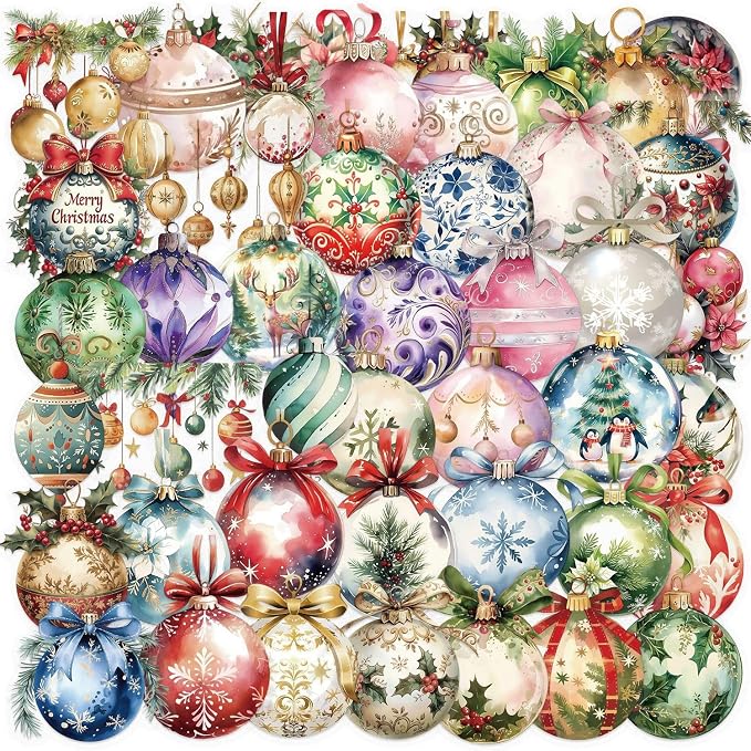 50Pcs Transparent Christmas Ball Stickers for PET Christmas Holiday Stickers Vintage Craft Sticker Colorful Sticker for Journaling Scrapbooking Guitar Clear Flowers Decals Festival Items (SD Ball)
