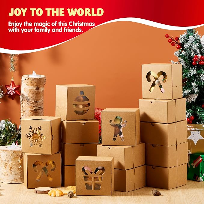 JOYIN 36 PCS Christmas Cookie Boxes for Gift Giving, Brown Bakery Treat Boxes with Window, 4" x 4" x 2.5" Gift Wrap Box for Xmas Holiday Party Favor Pastries, Cupcakes, Donuts, Brownies, Donuts