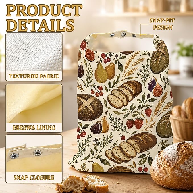 2 Pack Beeswax Linen Harvest Wheat Bread Bags, Reusable Fresh Keeping Bags for Sourdough & Baguette, Freezable Portable Bread Storage Container 17×13''