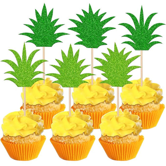 36 PCS Pineapple Cupcake Toppers Mixed Green Glitter Donut Pineapple Leaf Cupcake Picks Hawaiian Luau Cake Decorations for Pineapple Theme Summer Tropical Baby shower Kids Birthday Party Supplies