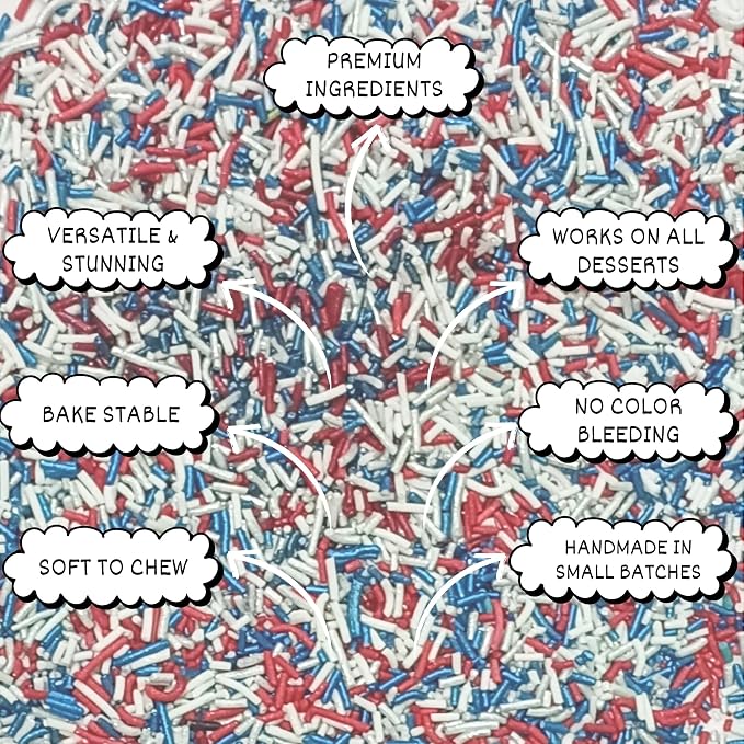 Confect Cake Mate Dessert Sprinkles – Red, Navy Blue & White Vermicelli Sprinkles – Edible Toppings for Cake Decorating, Cupcakes, Cookies & Ice Cream | Vegan, Gluten-Free, Soy-Free, Dairy-Free, Palm Oil-Free- 4.2 Oz