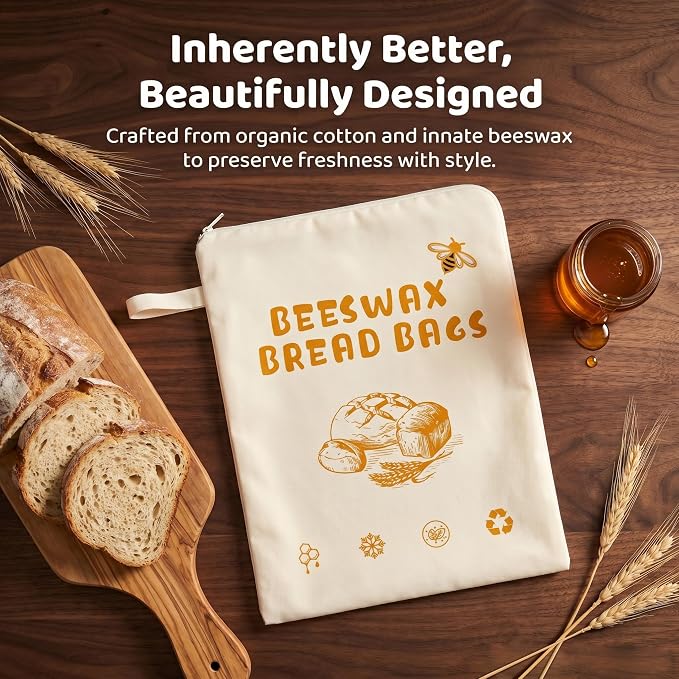 2 Pack Beeswax Bread Bags for Sourdough Homemade Bread,XL Reusable Organic Cotton Linen Bread Bag with Zipper Access, Homesteading Essentials Food Storage to Keep Fresh