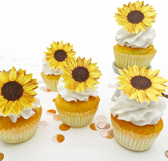 Sugar Robot inc - Edible Wafer Sunflowers for cake decorating - Large Size - Edible flowers cake decorations - Premium Crafted - Made in the USA Cake -Set of 12 (Sunflowers)