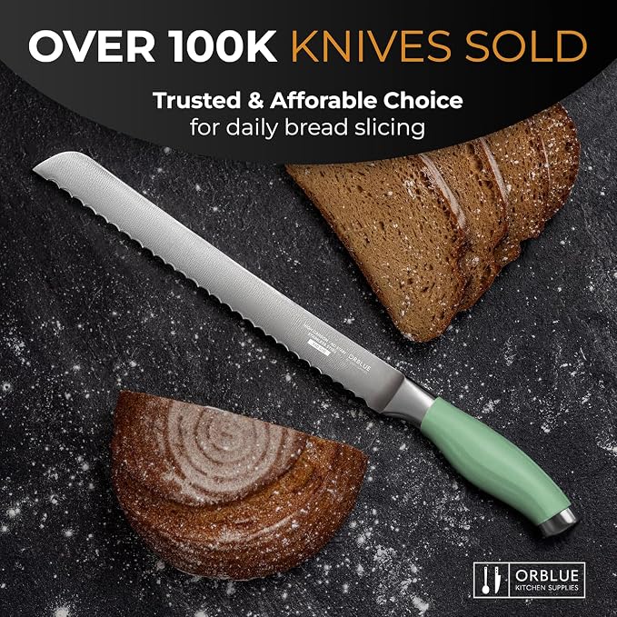 Orblue Bread Knife, 10-Inch Serrated Stainless Steel – Ultra Sharp for Crusty Artisan Bread, Bagels, Cakes & Pastries – Non-Slip Handle Slicer, Green