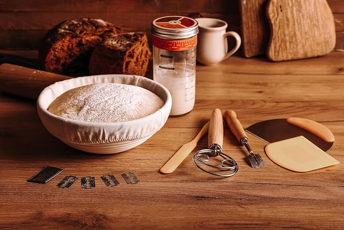 BAKERIA 9" Round Banneton Bread Proofing Basket Set with Starter Jar, Linen Liner, Bread Lame, Dough & Bench Scraper, Bread Whisk – Complete Artisan Sourdough Baking Kit