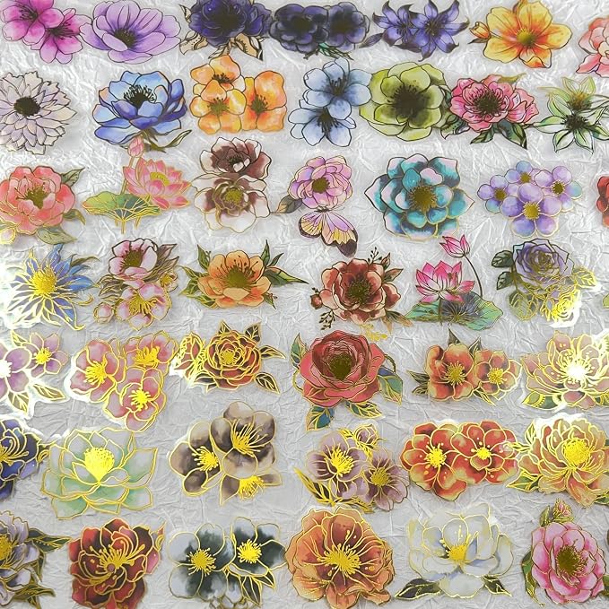 50Pcs Transparent Gilded Elegant Floral Scrapbook Stickers Pack, Vintage Aesthetic Flowers Stickers for Scrapbook Journal, PET Waterproof for Water Bottles Laptop Phone Scrapbook Supplies DIY Crafts