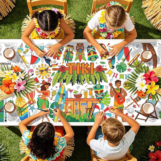 Gatherfun Hawaiian Luau Party Giant Coloring tablecloths, 31.5 x 72 Inches, Hawaiian Party Decorations, Tiki Party Decorations, coloring Table Cover for School Parties