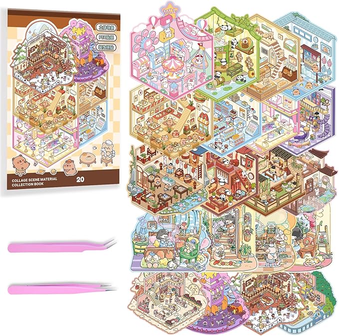 20 Sets DIY 3D Sticker Scene Collection Book for Kids Adults Cute Make Your Own Shop House Stickers for Gifts Stickers Therapy for Adult Relief Stress Pass The Time Play Park Hamburg Castle Library