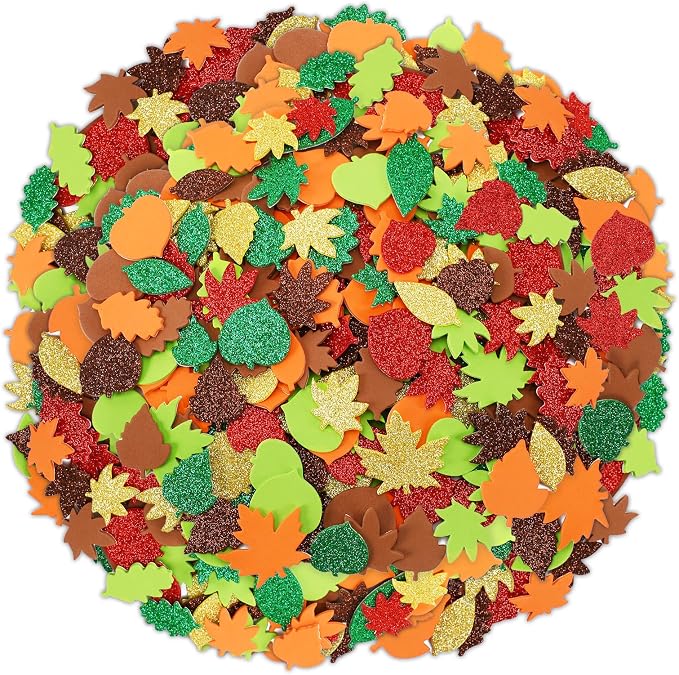 600Pcs Glitter Fall Leaf Foam Sticker Self Adhesive Maple Leaves | Autumn Thanksgiving Leaf Decals for Kids, DIY Crafts, Scrapbook, Party Favors, Halloween Decorations Supplies