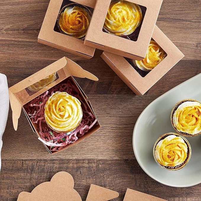 Juvale Cookie Boxes with Window - 50 Pack, 4 x 4 x 2.5 in Brown Cardboard - Pastry Containers & Cupcake Box for Baked Goods Packaging - Mini Treat Holders