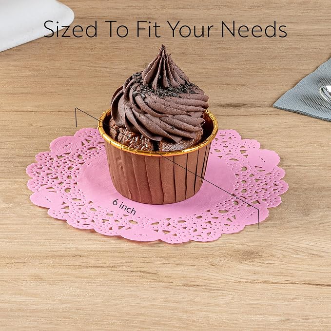 Restaurantware-Pastry Tek 6 x 6 Inch Lace Doilies, 4000 Decorative Tableware Placemats - Disposable, Round, Pink Paper Table Doilies, for Birthdays, Or Weddings, Table Decor