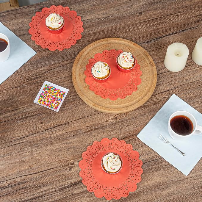 Restaurantware Paper Doilies 100 Pack of 8 Inch Lace Disposable Table Decor Red Round Shape Decorative Presentation