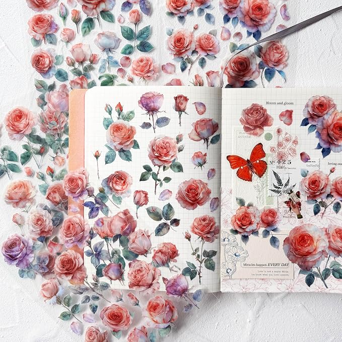 Watercolor Roses Stickers for Scrapbooking, Self-Adhesive Flowers Stickers Journal Embellishment Supplies for Art Craft Decorations