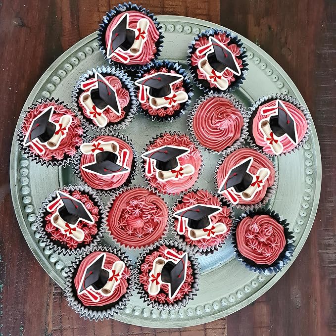 48pcs Edible Graduation Cap Cupcake Toppers Wafer Paper Red Grad Cap Diploma Cake Decorations Edible Grad Cap Cupcake Picks for 2026 Graduation Theme Party Cake Decor Supplies