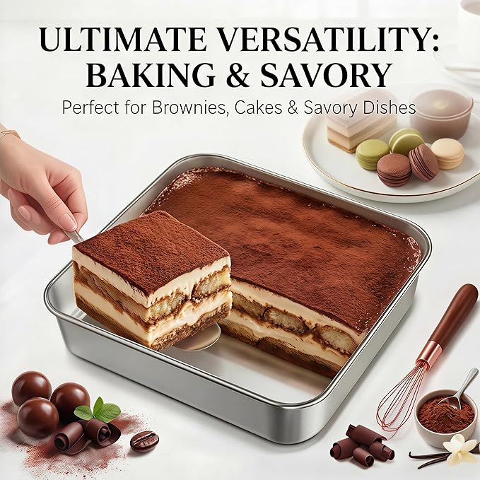 8x8 Baking Pan with Lid, Stainless Steel Brownie Pan, Square Cake & Casserole Bakeware, Heavy Duty Non-Toxic Oven Pan, Dishwasher Safe (2 Pans + 2 Lids)