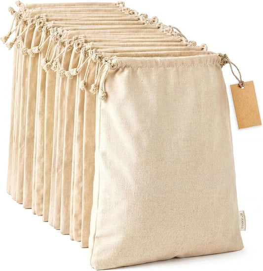 LEAFICO Multipurpose Eco Cloth Bags - Large 10x12 Inch (12 Pack) - Cotton Produce Storage Sacks - Muslin Drawstring Pouches for Vegetables - Bread Bags - Fabric Sachets