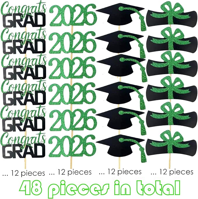 YuBoBo 2026 Graduation Cupcake Toppers, 48 PCS Food/Appetizer Picks For Graduation Party Mini Cake Decorations, Diploma, 2026, Grad Cap Set 48 Pieces (04 Green)