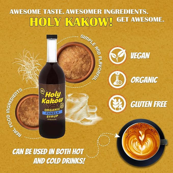 Holy Kakow Cafe Organic Panela Syrup - Coffee Sweetener, Add to Latte, Cocktail and Shake, Real Food Ingredients - 750 Ml