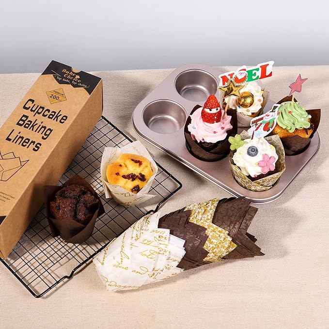 Bake Choice Nordic Paper 200pcs Tulip Cupcake Liners for baking cups with four fancy designs EU Parchment paper Standard Size Tulip Muffin liners, Cupcake Wrappers for Party, Wedding, Birthday
