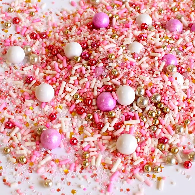 Sprinkle Pop Pink Velvet Sprinkle Mix| Pastel Pink and White Sprinkles with Edible Metallic Dragees| Decorating Sprinkles Made in USA for Princess Baby Shower Gender Reveal Cake Cupcakes Cookies, 2oz