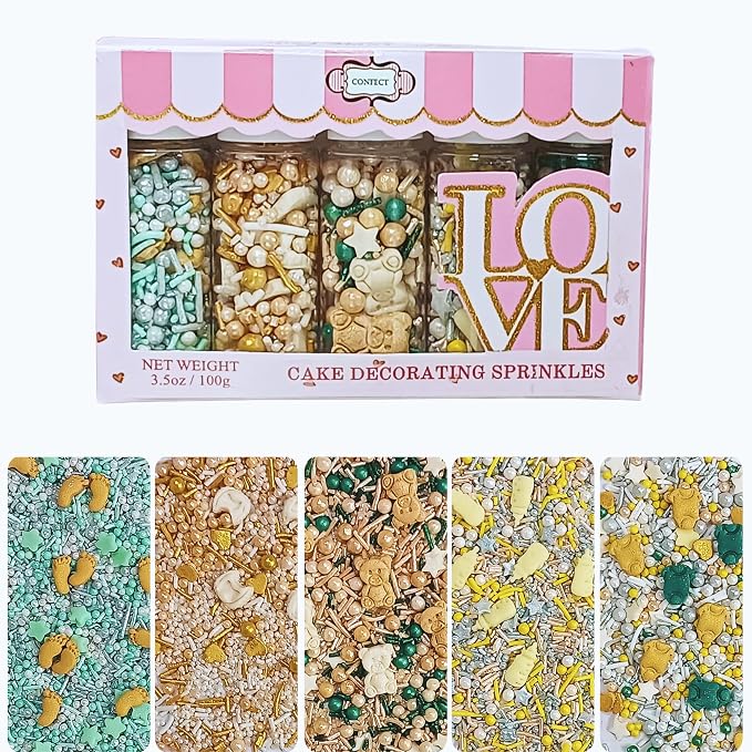 Confect Neutral Baby Shower Sprinkles | Mix Baby Onesie, Bib, Teddy & Heart Sprinkles | Gender Reveal Sprinkles | Edible Pack of 5 Cake Decorating Sprinkle - 5 Oz