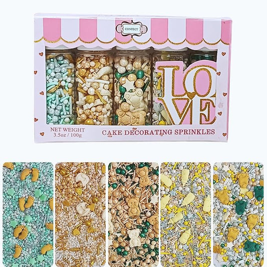 Confect Neutral Baby Shower Sprinkles | Mix Baby Onesie, Bib, Teddy & Heart Sprinkles | Gender Reveal Sprinkles | Edible Pack of 5 Cake Decorating Sprinkle - 5 Oz