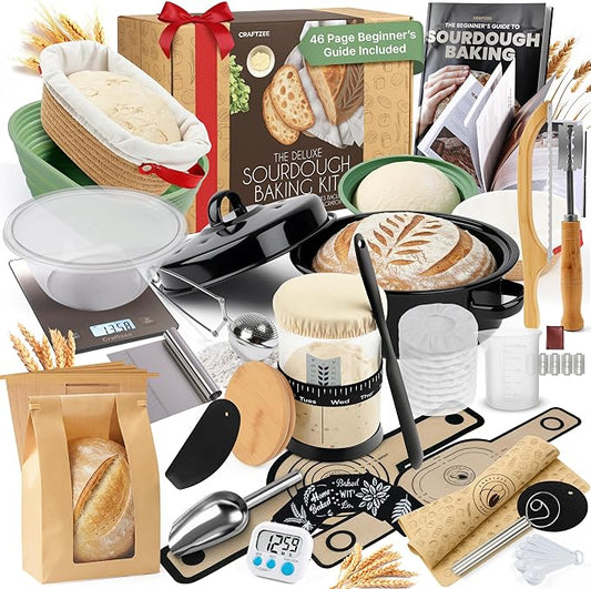 CraftZee Super All-Inclusive 𝗣𝗥𝗘𝗠𝗜𝗨𝗠 Sourdough Starter Kit with Pot - Sourdough Bread Baking Supplies, Scale, Oval & Round Baking Slings, 4 proofing Baskets, Bowl, Timer, Beginner Guide Recipes