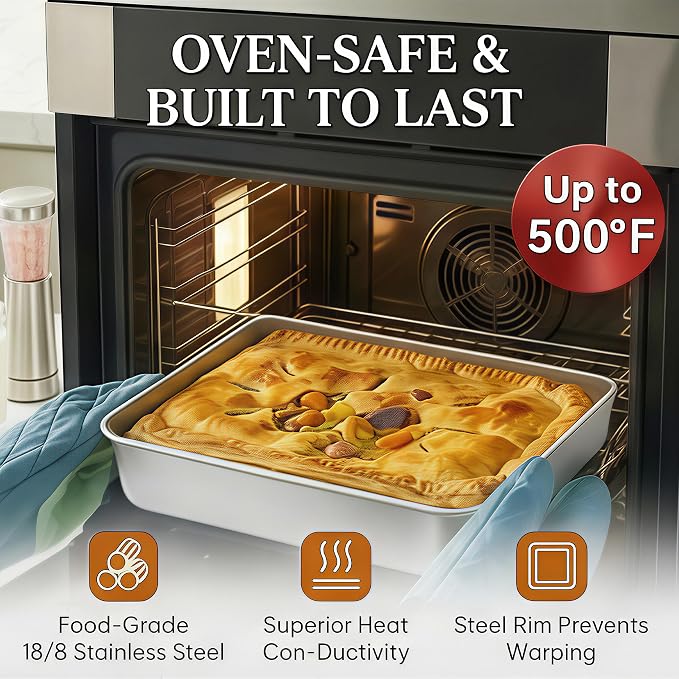 8x8 Baking Pan with Lid, Stainless Steel Brownie Pan, Square Cake & Casserole Bakeware, Heavy Duty Non-Toxic Oven Pan, Dishwasher Safe (2 Pans + 2 Lids)