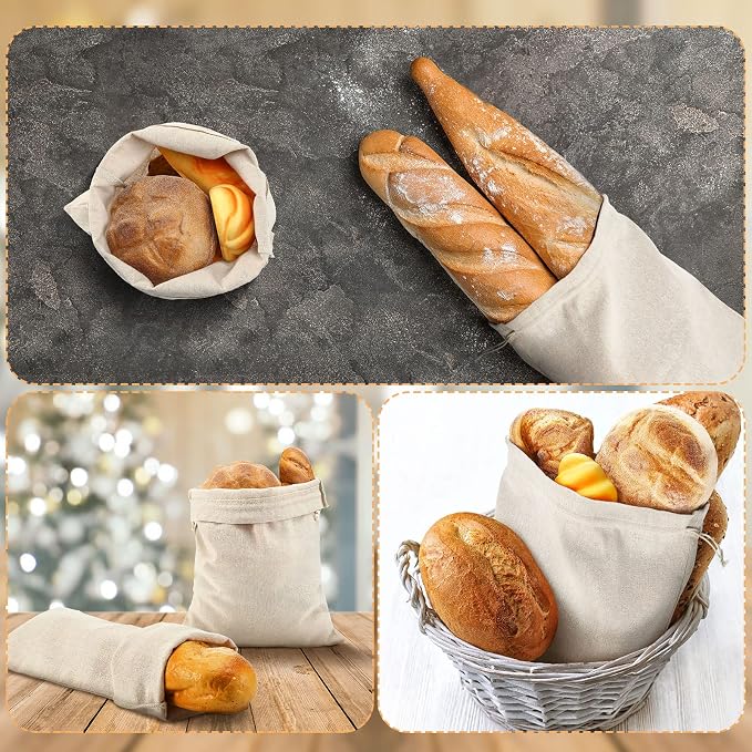 Woanger 8 Pcs Linen Bread Bags, Reusable Sourdough Bread Storage Bags with Drawstring, 12 x 15 Inch 6 x 27 Inch Burlap for Homemade Artisan Breads, Keeps Breads Fresh Longer, Gift(Blank Pattern)