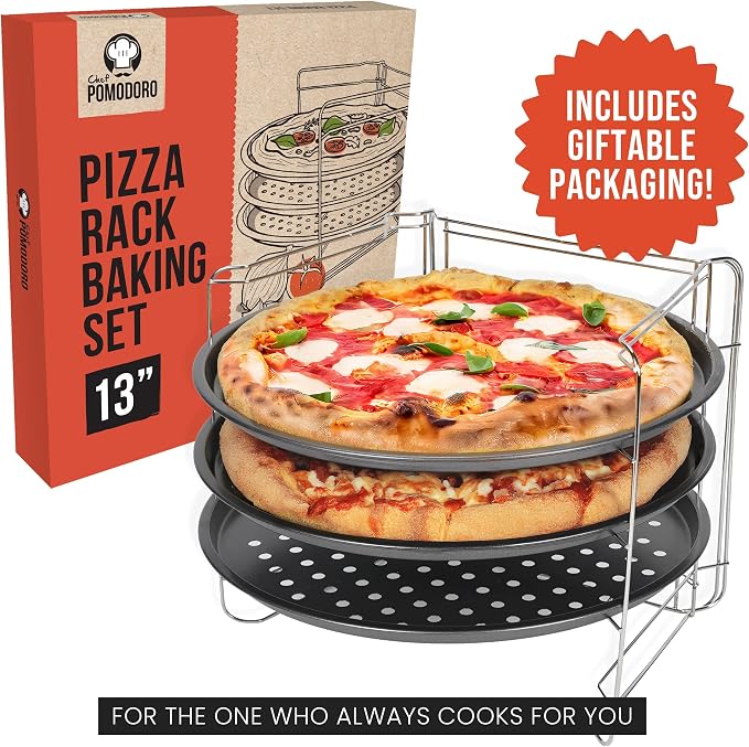 Chef Pomodoro Pizza Pan and Pizza Rack Baking Set (13-Inch Pans), Non-stick Perforated Trays for Oven or Grill, Foldable Rack Stand Accessories and Supplies for Countertop, Cooling, & Baking