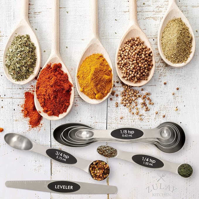 Premium Stainless Steel Magnetic Measuring Spoons, 8 Piece Set with Leveler, Easy to Attach and Detach, Double-Sided Design fits Spice Jars, Perfect for Measuring Liquid & Dry Ingredients - by Zulay