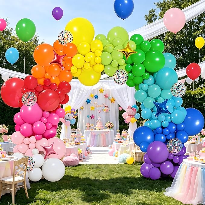 PERPAOL 146pcs Rainbow Balloon Arch Kit, 12 Assorted Multicolor Balloons for Birthday Party, Anniversary, Festival, Carnival Circus Decoration with Star Foil Confetti Balloons