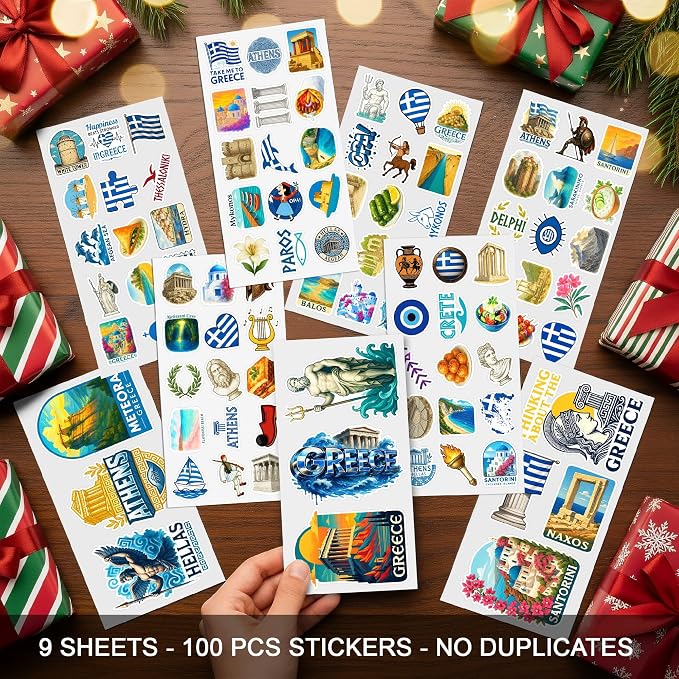 100 PCS Greece Stickers Pack, Greek Travel Vinyl Waterproof Decals of Santorini Athens Mykonos Parthenon and Gods Culture Food Architecture Art Sticker for Laptop Water Bottle Scrapbook Teens
