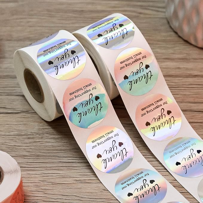 Thank You Stickers Small Business - 1.5 Inch 2 Rolls 1000 Pieces Holographic Thank You for Supporting My Small Business Stickers for Envelopes, Bubble Mailers and Gift Packaging, 500 Pieces Each Roll